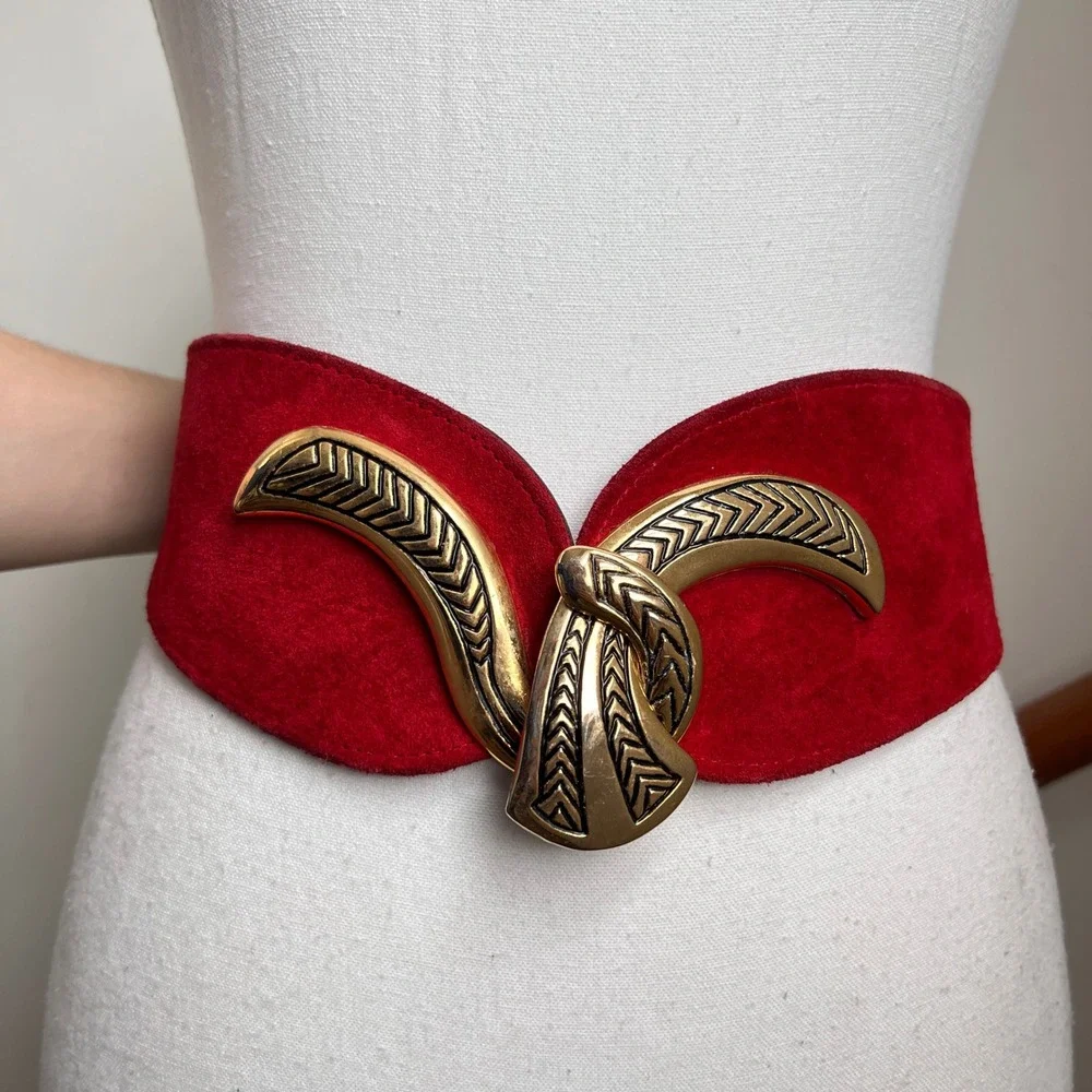 Vintage 80s Statement Belt Red Suede Leather Gold Ornate Buckle Wide Thick Big